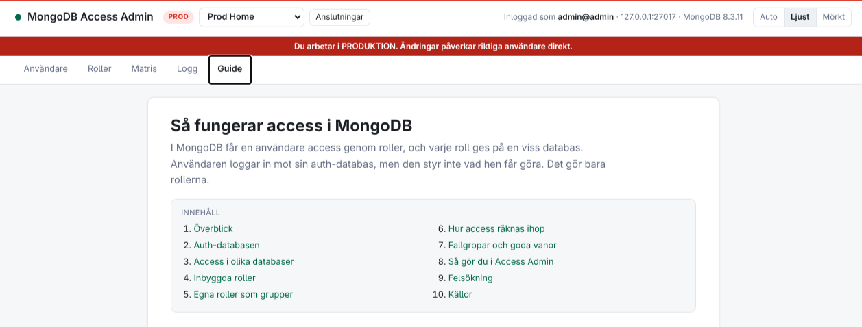 MongoDB Access Admin, inbyggd guide om hur access fungerar i MongoDB