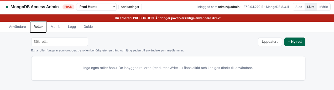 MongoDB Access Admin, egna roller som fungerar som grupper